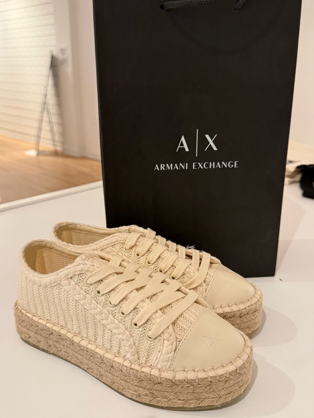Armani Exchange Cream Woven Espadrille Platform Sneakers